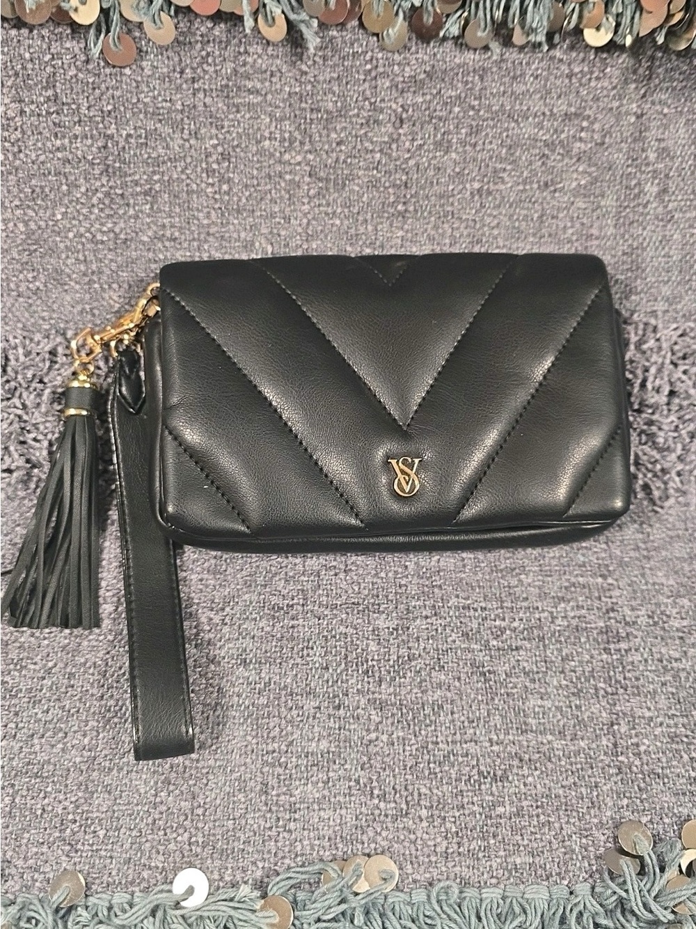 Victoria's Secret Black Quilted Wristlet with Tassel
